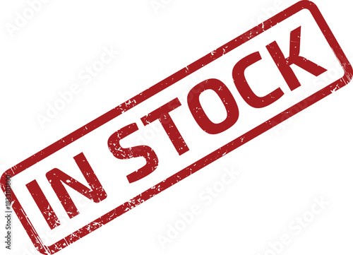 Red Distressed In Stock Rubber Stamp on White Background, Angled Retail Availability Indication