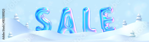 Sale winter snow background. 3d snowdrift podium, hologram sale text, snowy sky. Winter season holiday banner for Xmas, New Year sales, discount. Vector mash illustration