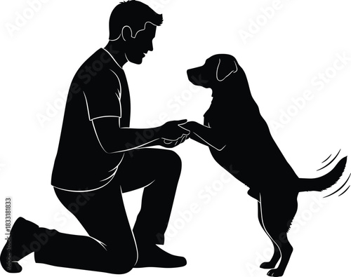 Silhouette man training dog, pet obedience scene, human animal bond illustration, playful companionship concept, outdoor interaction artwork
