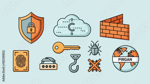 Illustration depicting cybersecurity elements such as a shield, cloud, and firewall icons