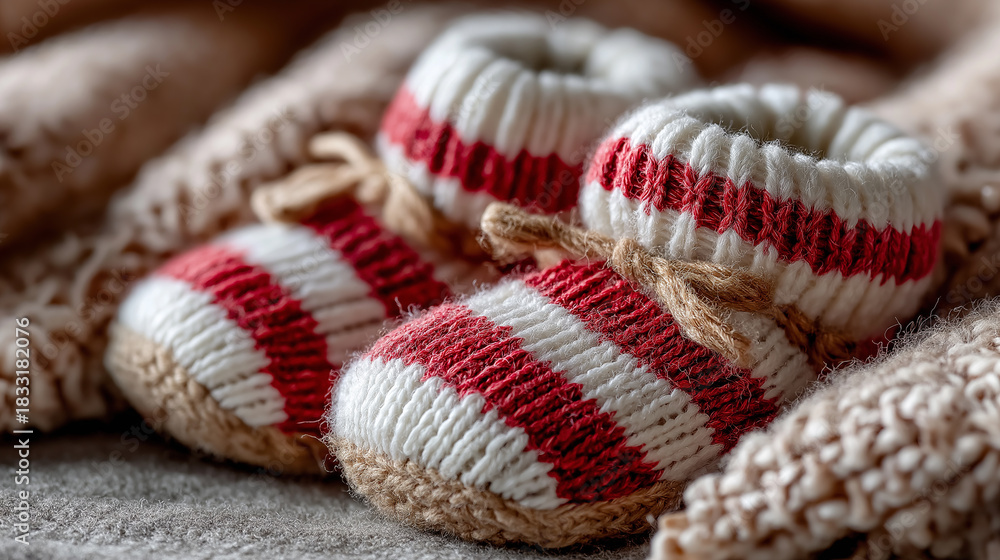 Fototapeta premium Adorable handmade baby booties in red and white stripes, perfect for keeping tiny toes warm, resting on a cozy knitted blanket.