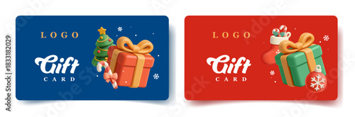Set of Christmas, winter gift cards, with 3D gifts, Christmas tree, sock, candy, Christmas tree toy. Cute, beautiful cards for gift, childhood concepts. Vector illustration.