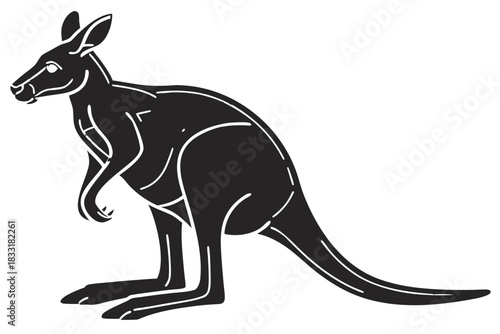 Stylized black kangaroo illustration with white accents on a black background