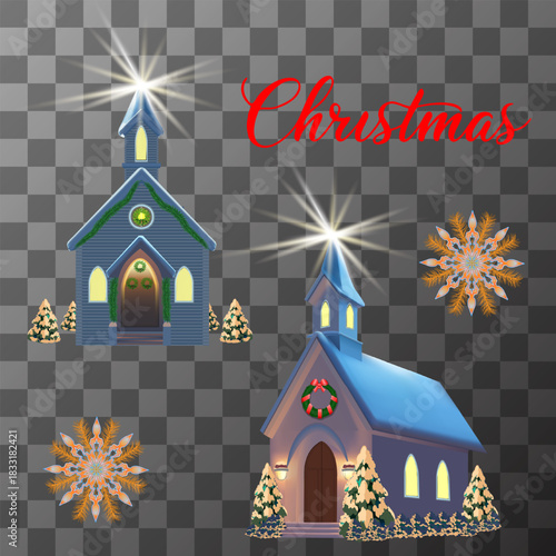 A festive illustration of two glowing Christmas chapels bright starbursts snowflakes and snowy trees on a transparent background Perfect for holiday designs greeting cards stickers and winter decor