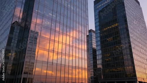 Three glass skyscrapers reflect a vibrant sunset sky. Vertical lines define the architecture as the light colors the facades