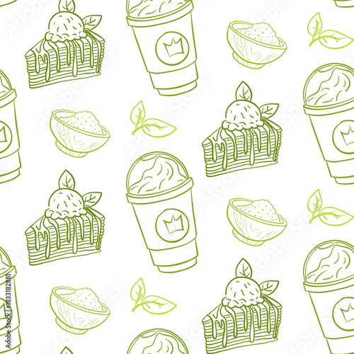 Seamless pattern with hand-drawn colored outline illustrations of various matcha drinks, desserts. cup of latte with cream, layered cake with ice cream for decorating cafes, food packaging, textiles