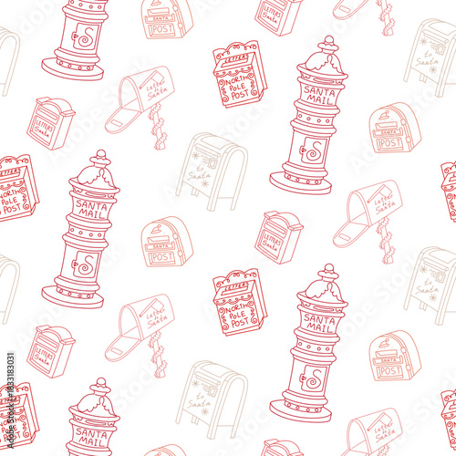 Christmas pattern with flat outline depicting Santa Claus mailboxes. texture in form of red scribbles is perfect for wrapping paper, seasonal textile prints, digital paper, festive surface decoration