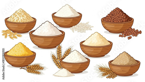 Vector Flour Set – Oat, Rice, Buckwheat, Wheat, Corn & Rye in Wooden Bowls