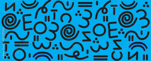 Memphis seamless geometric pattern. Multicolored abstract background in retro style of the 80s, 90s with various shapes: circles, dots, zigzags, spirals, wavy lines.