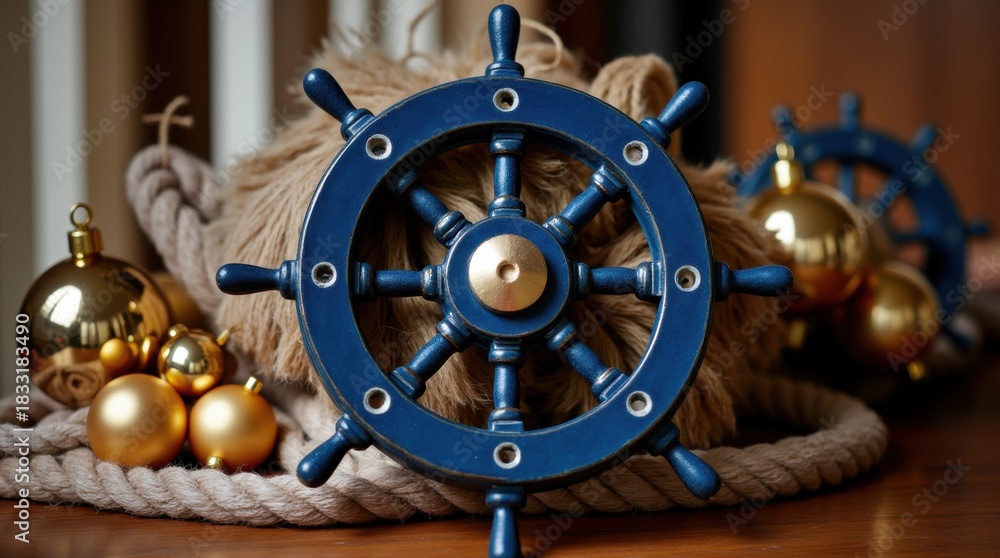 Obraz premium A navy blue ship's wheel decorated with gold Christmas ornaments on a wooden desk, decorative, rope, sailboat 