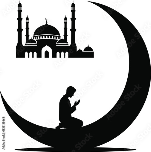 Muslim man performing salat prayer on a crescent moon with mosque silhouette in distance muslim pray icon ramadan kareem