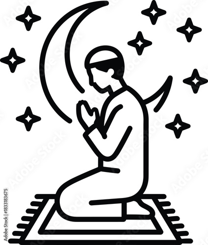 Muslim man praying with moon and stars line art drawing on prayer mat, muslim pray icon in minimalist style for ramadan