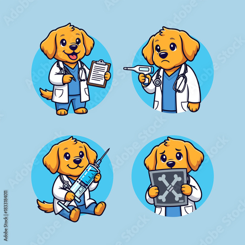Happy dog doctor holding clipboard and pen in cartoon vector icon
