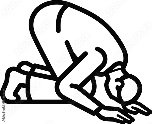 Muslim pray icon black line drawing style, male character in a praying pose, kneeling with forehead on ground