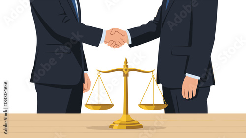 Closing a deal with handshake and scales of justice for a fair agreement, symbolizing trust and ethical business practice