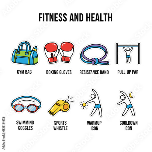 Fitness and health illustrated icons set