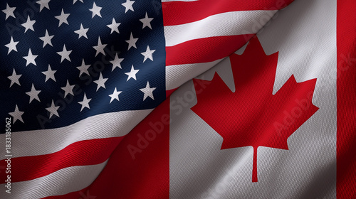 us american flag and canadian flag waving together. relations between usa and canada