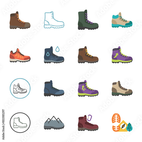 Hiking boots and outdoor footwear icons set