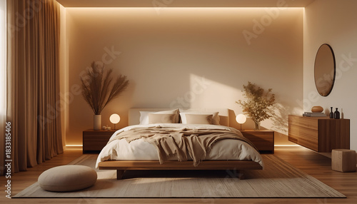 A minimalist bedroom with a warm feel with a brown color palette.