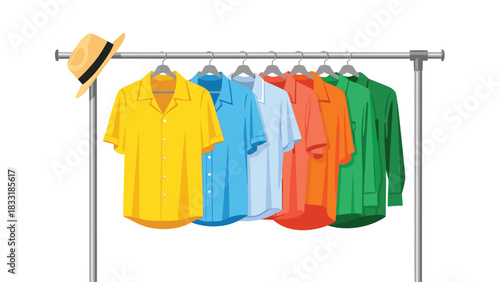 Colorful summer shirt collection hanging on rack with straw hat perfect for vacation wardrobe planning and stylish outfit ideas