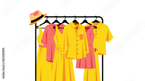 Trendy yellow dresses and coral shirts on a clothing rack, perfect outfit choices for a vibrant summer wardrobe update now