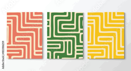Abstract hand-drawn geometric patterns in vibrant colors displayed on a clean background suitable for modern artistic decoration or textile design