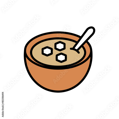 Simple illustration of a bowl of soup with three white croutons and a spoon on a black background