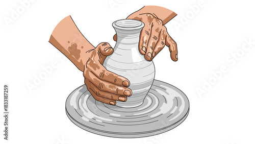 Hands shaping clay on a spinning wheel, a potter's craft, pottery making, hobby, creating, skill, craftsmanship, art, design, ceramic