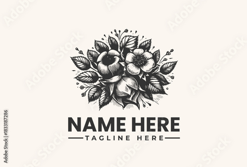 Hand-drawn vintage floral bouquet logo design, an elegant monochrome botanical vector illustration