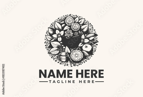 Elegant Hand-Drawn Botanical Wreath Logo Vector Illustration with Fresh Citrus Fruits, Leaves, and Flowers for Natural Product Branding Design