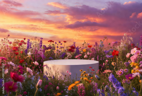 A white Podium with flowers field background.