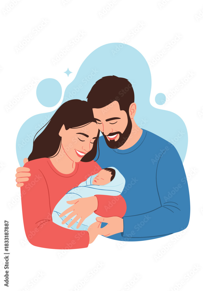 Obraz premium Happy young family portrait of a smiling mother and father lovingly holding their newborn baby wrapped in a blue blanket.