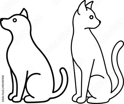 Minimalist black line drawing of dog and cat animal