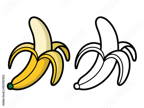 A colored and a black and white illustration of a peeled banana are displayed side by side, highlighting the contrast in visual presentation for creative use.