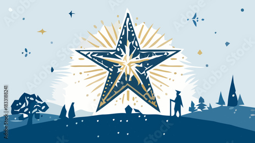 Starry night landscape illustration with shining star, hiker silhouette, trees, and dreamy vibe for holiday greeting card or nature-themed design