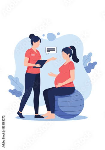 Pregnant woman sitting on a fitness ball and talking with a female coach or physical therapist about prenatal exercise and health.