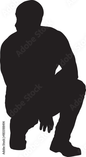 vector, silhouette of a front view of a man looking away and sitting squatting