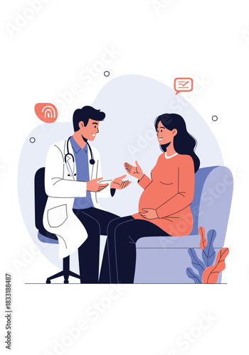 Smiling pregnant woman sitting on a couch during a prenatal checkup, listening to advice from a friendly male doctor in a clinic.