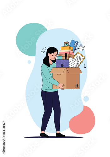 Sad, dismissed female employee carrying a heavy cardboard box of her personal belongings after being fired from her job.