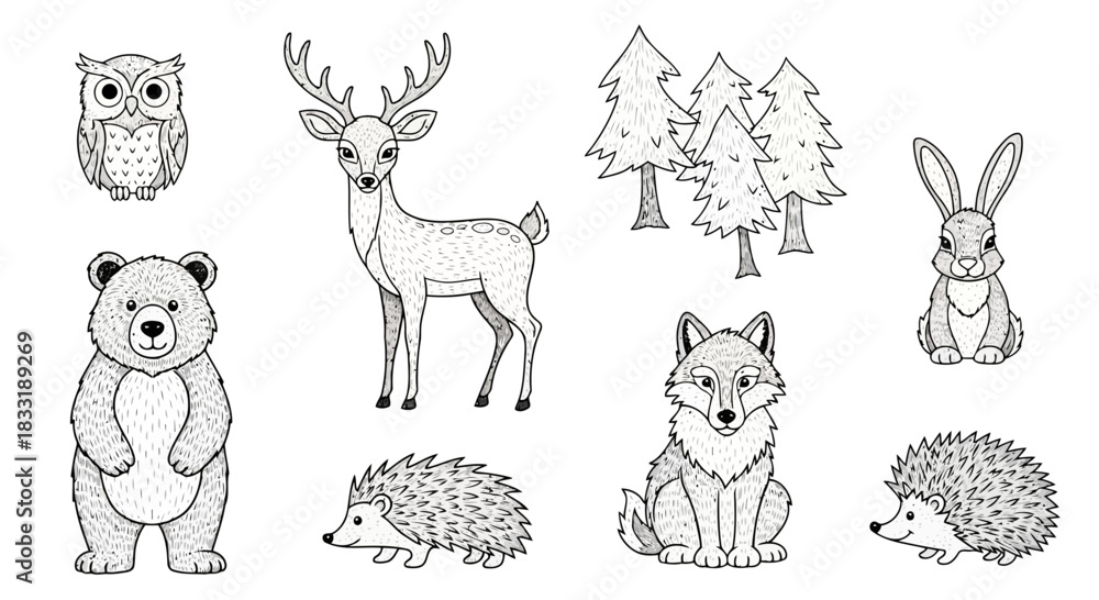 Obraz premium Collection of cute forest animals in thin line art style