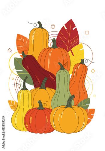A vibrant autumn composition of various pumpkins and gourds in different shapes and colors, surrounded by fall leaves and abstract elements.