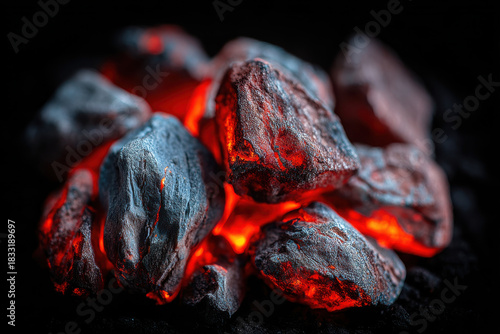 Intense burning charcoal fire glows red hot. closeup of an ember on black background creating mesmerizing warmth