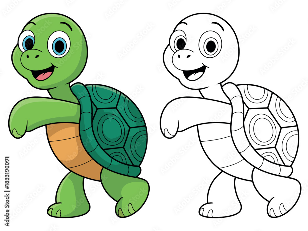 Fototapeta premium A cartoon illustration of a happy green turtle walking next to its outline for coloring.
