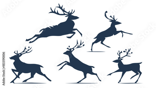 Dynamic deer silhouettes leaping and running, capturing nature's graceful movement and wild spirit, ideal for wildlife themes and outdoor adventures