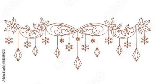 Elegant winter holiday garland illustration with festive holly leaves snowflakes and geometric elements for seasonal design needs