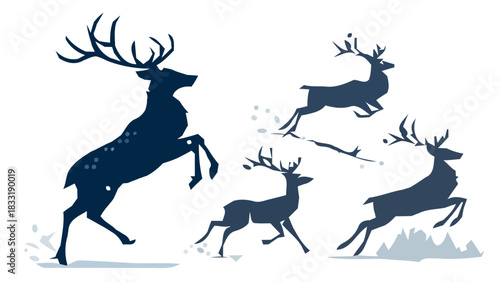 Majestic deer leaping through snowy winter landscape, stylized vector art. Perfect for holiday designs, nature themes, or wildlife projects, originally scalable art.