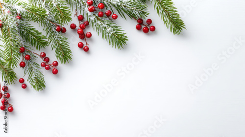 Festive Christmas composition flatlay with green spruce branch and red berry on clean white background for holiday