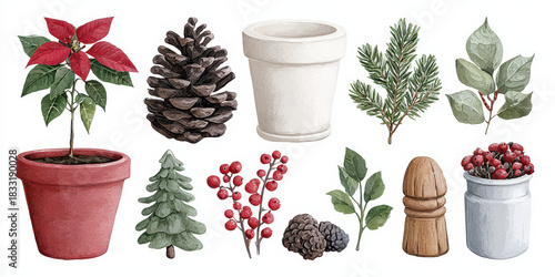 Festive watercolor Christmas design element set for winter holiday decoration. joyful collection of traditional objects