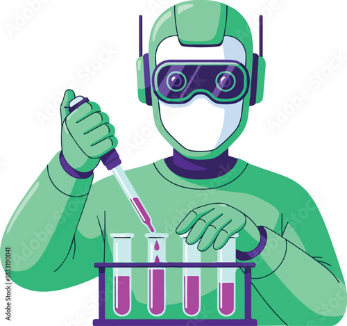 Robot chemist conducting experiments with test tubes and a pipette, suitable for science, technology, and artificial intelligence concepts.