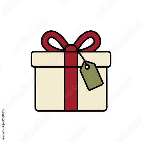 Festive gift box with red ribbon and olive green tag isolated on black background simple festive icon